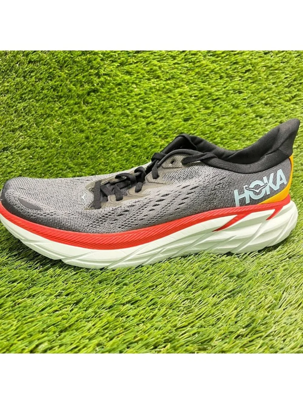 Hoka One One Clifton 8 Mens Size 10 Gray Red Athletic Running Shoes Sneakers